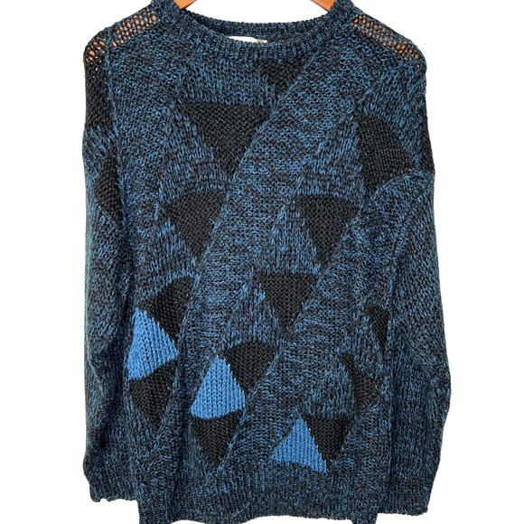 Michael Gerald Men's M Vintage 80's Triangle COSBY Sweater Long Sleeve Blue y2k - Picture 1 of 7